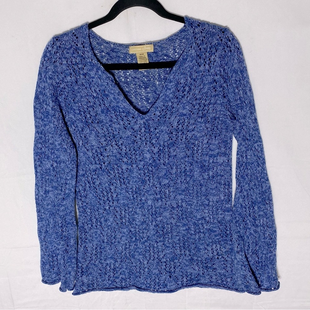 Vintage 90s Cotton Ginny Blue Cotton Linen Blend V Neck Sweater M
